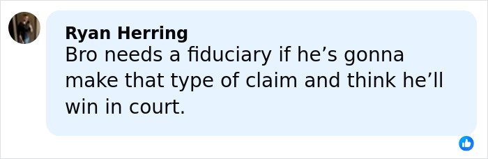 Comment from Ryan Herring discussing legal claims in court amid support for Katy Perry suing an ill elderly veteran.
