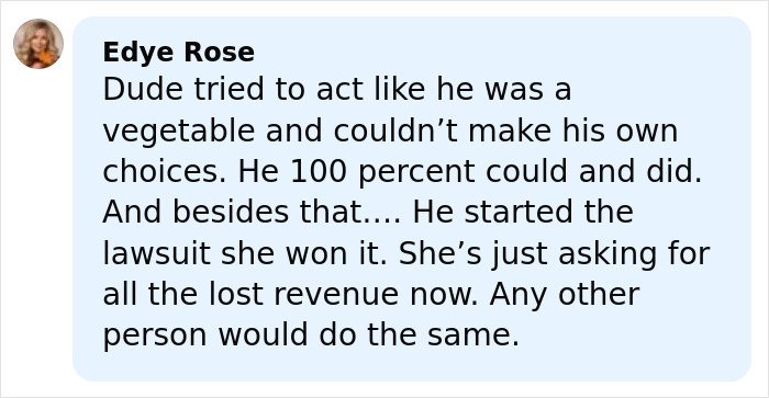 User comment defending Katy Perry's lawsuit against an 85-year-old gravely ill veteran, discussing lost revenue and legal action.