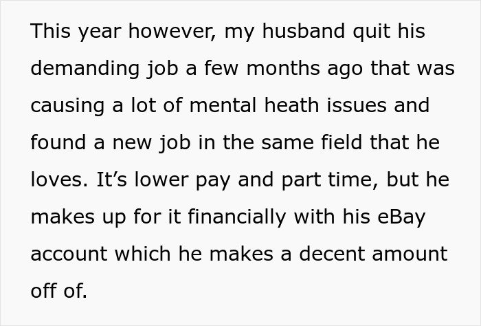 Text about husband facing pressure buying Thanksgiving items, wife bans him from shopping to reduce stress and tension.