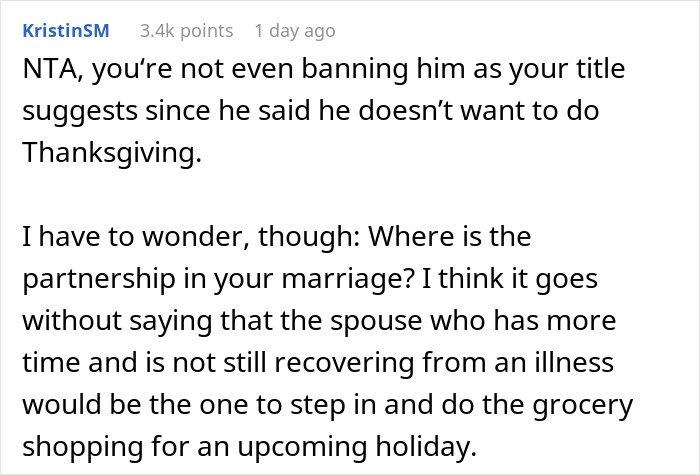 Reddit comment discussing husband unable to handle Thanksgiving shopping pressure and partnership in marriage.