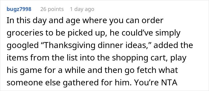 Comment discussing husband struggling with Thanksgiving shopping pressure and wife deciding to ban him from buying groceries.