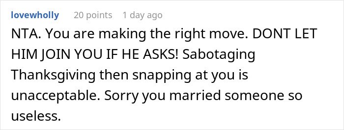 Screenshot of a Reddit comment discussing husband unable to handle Thanksgiving shopping, wife banning him from the task.