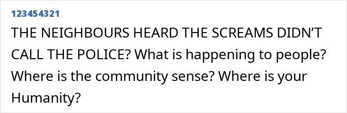 Text excerpt about neighbors hearing screams and questioning community sense related to influencer’s vanishing after party.