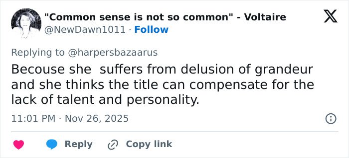 Tweet criticizing Meghan Markle, calling her hypocritical and questioning her talent and personality after a royal gesture.