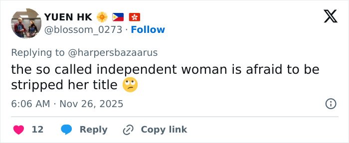 Tweet criticizing Meghan Markle as breathtakingly hypocritical, suggesting fear of losing her royal title with an eye-roll emoji.