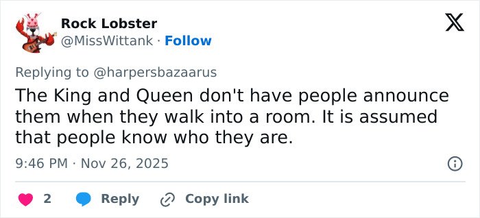 Tweet discussing royal protocol, highlighting Meghan Markle and criticism over a perceived hypocritical royal gesture.