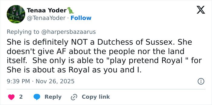 Tweet criticizing Meghan Markle’s royal gesture, calling her breathtakingly hypocritical and questioning her authenticity.
