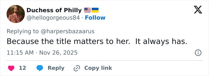 Tweet from user Duchess of Philly responding to a comment about Meghan Markle’s royal gesture being called hypocritical.