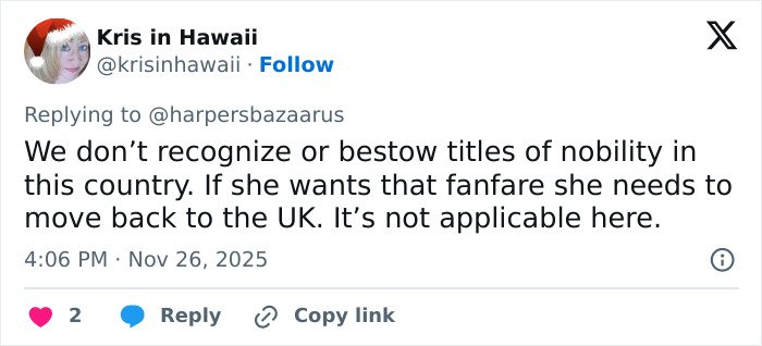 User tweet criticizing Meghan Markle for royal titles, highlighting backlash and hypocrisy in public reactions.