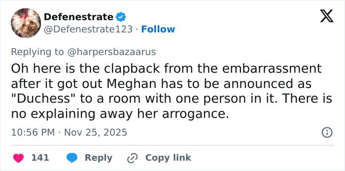 Tweet criticizing Meghan Markle for an awkward royal gesture, highlighting claims of hypocrisy and arrogance online.