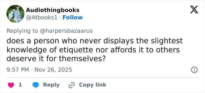 Tweet criticizing Meghan Markle for lacking etiquette, sparking debate on hypocrisy after awkward royal gesture.