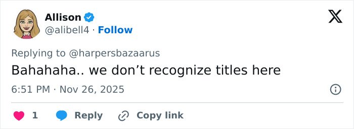 Screenshot of a tweet showing a user responding humorously about Meghan Markle being called breathtakingly hypocritical after a royal gesture.