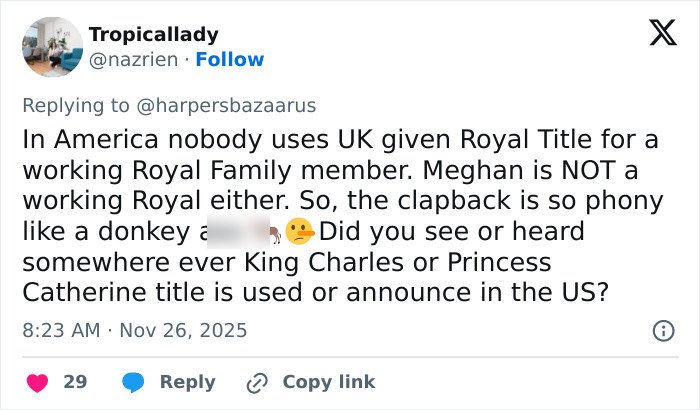 Tweet criticizing Meghan Markle’s royal title use, highlighting hypocrisy and awkward royal gesture controversy online.
