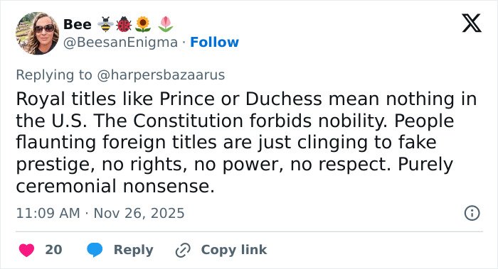 Tweet criticizing Meghan Markle’s royal titles as hypocritical and ceremonial nonsense in a U.S. context.