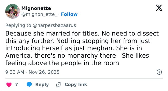 Tweet criticizing Meghan Markle’s royal gesture, calling it hypocritical and noting her reference to titles in the USA.