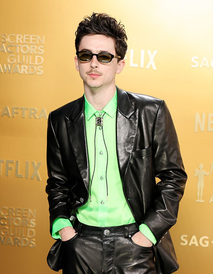 Timoth&eacute;e Chalamet wearing a black leather suit with a neon green shirt and sunglasses at an awards event.