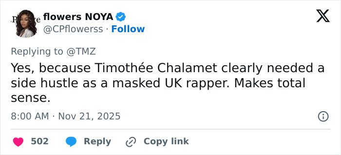 Screenshot of a tweet about Timoth&eacute;e Chalamet rumored to be masked rapper EsDeeKid in a viral fan theory.