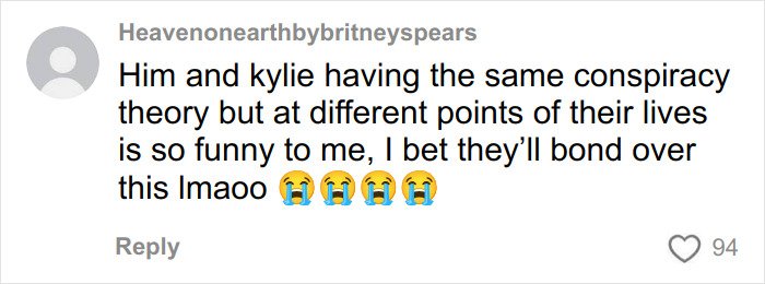 Comment mentioning fans' funny conspiracy theory about Timoth&eacute;e Chalamet and masked rapper EsDeeKid with laughing emojis.