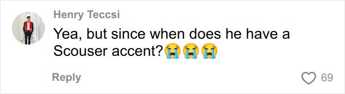 Screenshot of a social media comment questioning a Scouser accent, relating to fans linking Timoth&eacute;e Chalamet and masked rapper EsDeeKid.