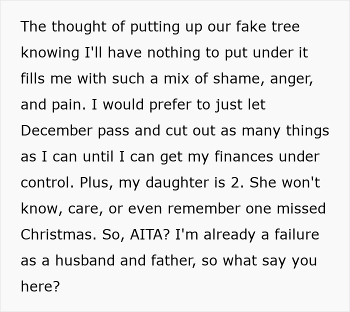 Father wants to cancel Christmas due to financial struggles, worried daughter won&rsquo;t know or remember the missed holiday.