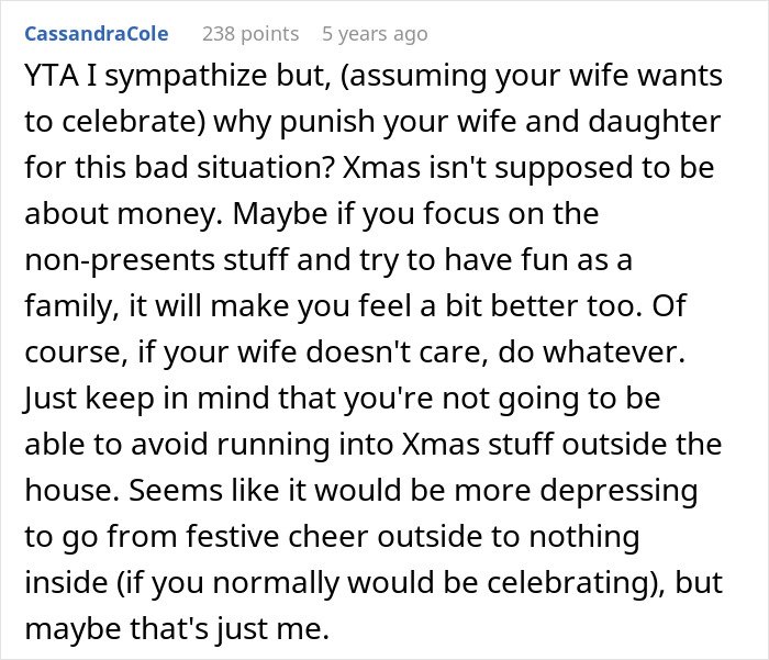 Commenter discussing father's decision to cancel Christmas due to affordability and its emotional impact on family.