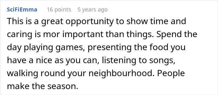 Comment on a post about a father wanting to cancel Christmas due to affordability, emphasizing time and care over gifts.
