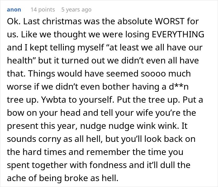 Comment discussing a father wanting to cancel Christmas due to financial struggles but valuing family moments despite hardship.
