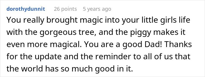 Comment praising a father for bringing magic to his daughter's life with a beautiful Christmas tree despite financial struggles.