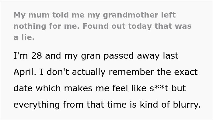 Text excerpt about a granddaughter learning her grandma’s inheritance after her mom prevented solicitor contact.