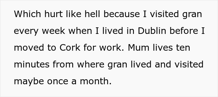 Text excerpt describing family dynamics and the mom preventing solicitor contact about grandma’s inheritance to protect her daughter.