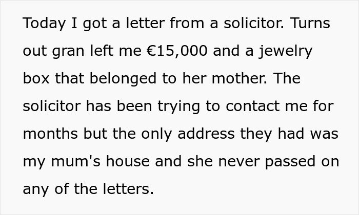 Text about mom preventing solicitor contacting daughter regarding grandma’s inheritance by not passing on letters.