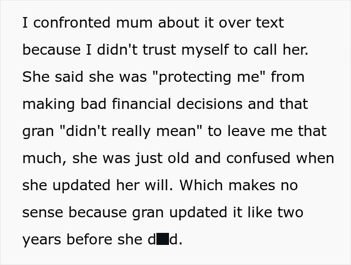 Text message about mom preventing solicitor contacting daughter regarding grandma’s inheritance to protect her from financial decisions.