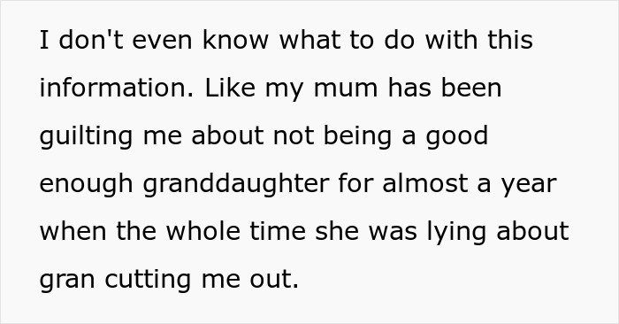 Text excerpt discussing a mom preventing solicitor contact about grandma’s inheritance to protect her daughter.