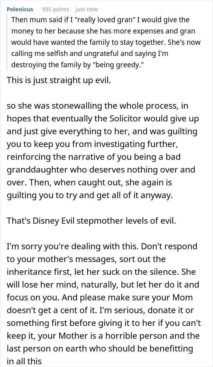 Screenshot of a discussion about a mom preventing solicitor contacting daughter regarding grandma’s inheritance.
