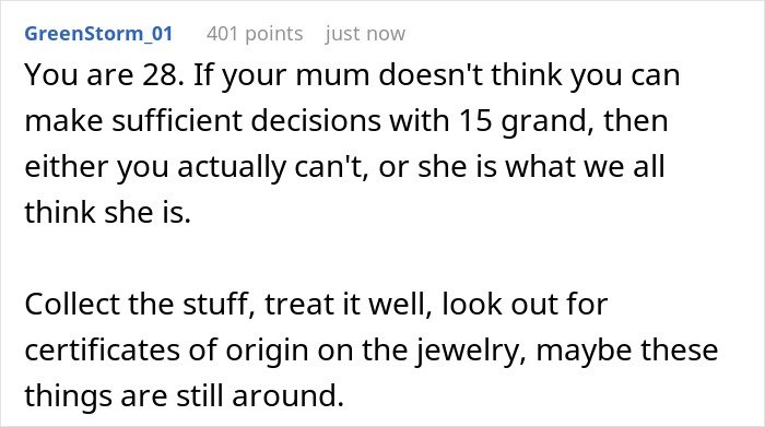 Text post discussing a mom preventing a solicitor contacting daughter about grandma’s inheritance to protect her.