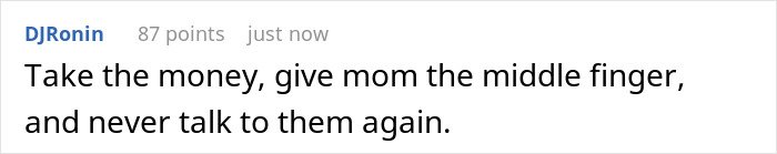 Comment text displayed on a white background discussing family conflict about money and inheritance protection by a mom.