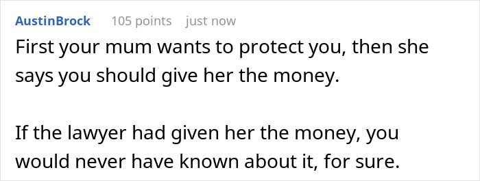 Comment discussing a mom preventing solicitor from contacting daughter about grandma’s inheritance to protect her.
