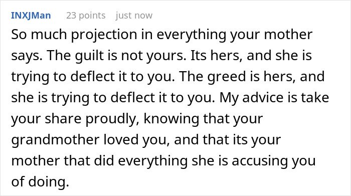 Comment about a mom preventing solicitor contacting daughter over grandma's inheritance, discussing family guilt and greed.