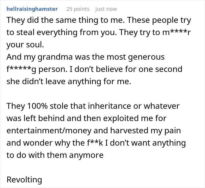 Screenshot of a social media comment discussing a mom preventing solicitor contact about grandma’s inheritance.
