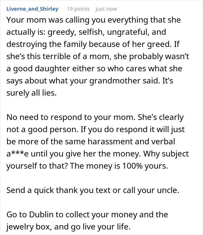 Screenshot of an online comment discussing protecting a daughter from a solicitor about grandma’s inheritance conflict.