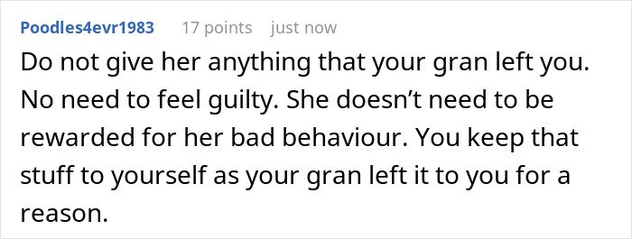 Comment advising against giving anything left by grandma, related to protecting daughter from solicitor about inheritance.
