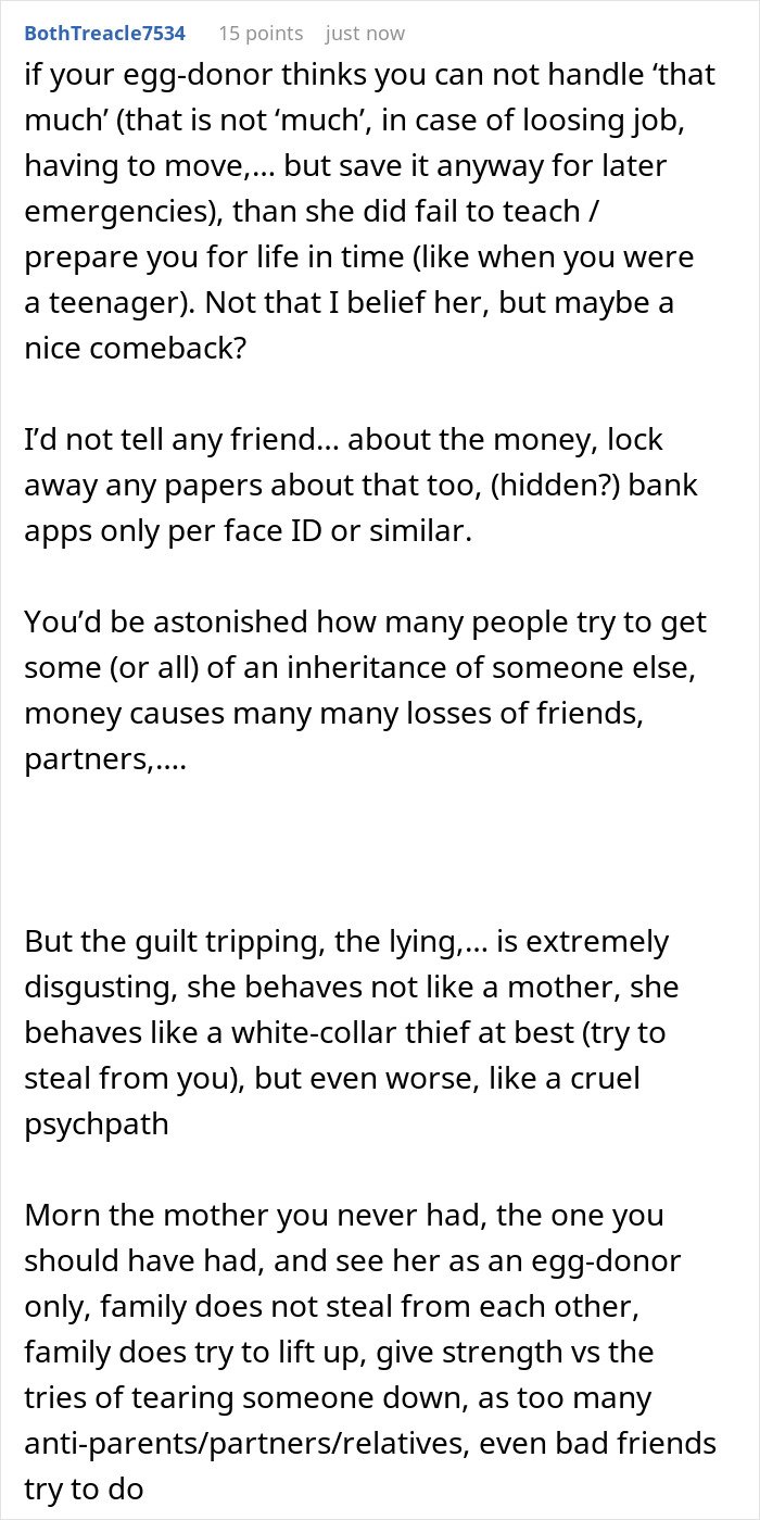 Comment discussing protecting daughter from solicitor regarding grandma’s inheritance and family trust issues.
