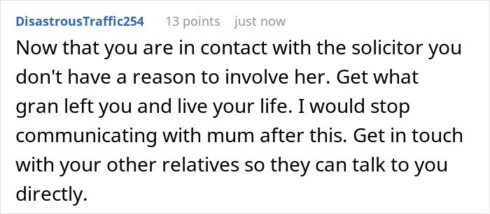 Comment advising to avoid solicitor contact and suggesting focusing on grandmother’s inheritance and family communication.