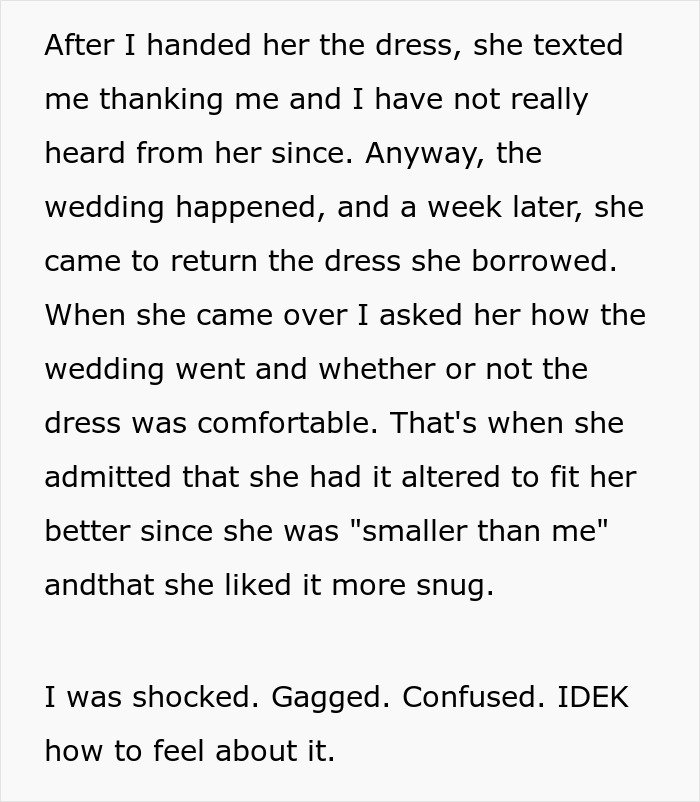 Text excerpt showing a woman shocked and confused after the borrowed dress was altered without permission and a $90 fee was requested.