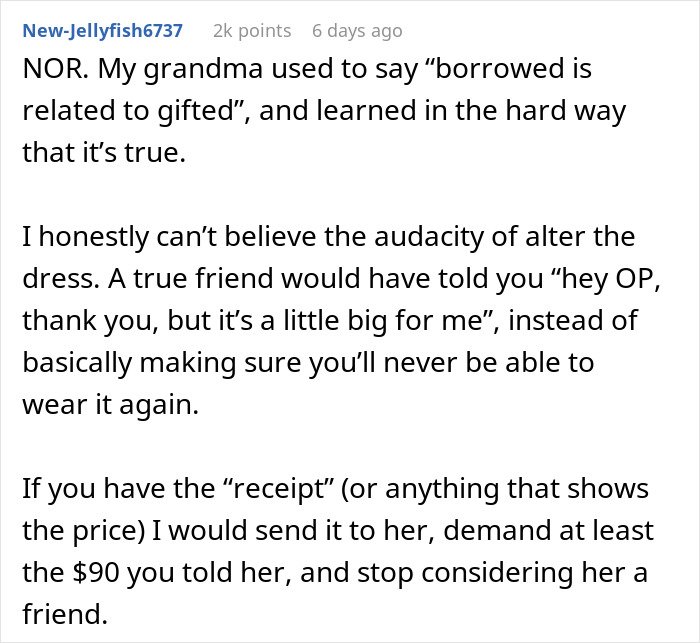 Comment about woman refusing to pay $90 for borrowed dress she altered without permission on Reddit thread.