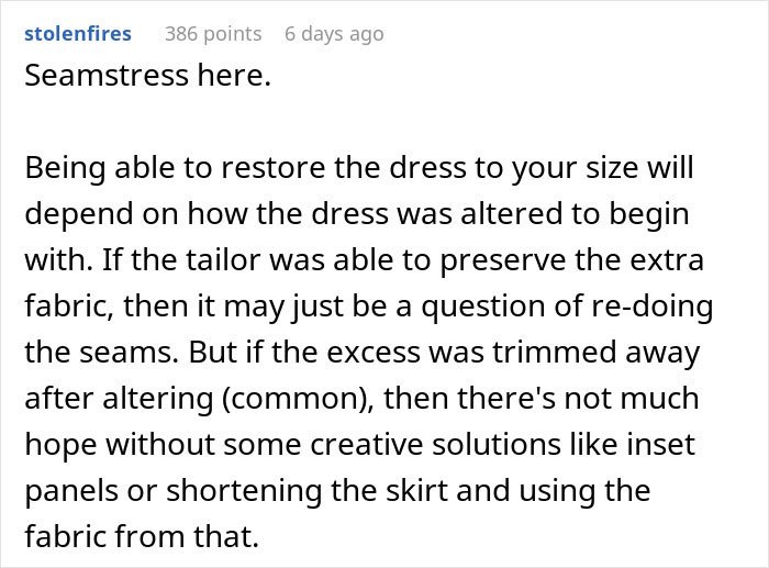 Comment discussing dress alteration challenges and solutions when restoring a borrowed dress without permission.