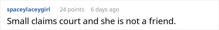 Screenshot of a social media comment about a woman refusing to pay $90 for an altered borrowed dress in a small claims court case.