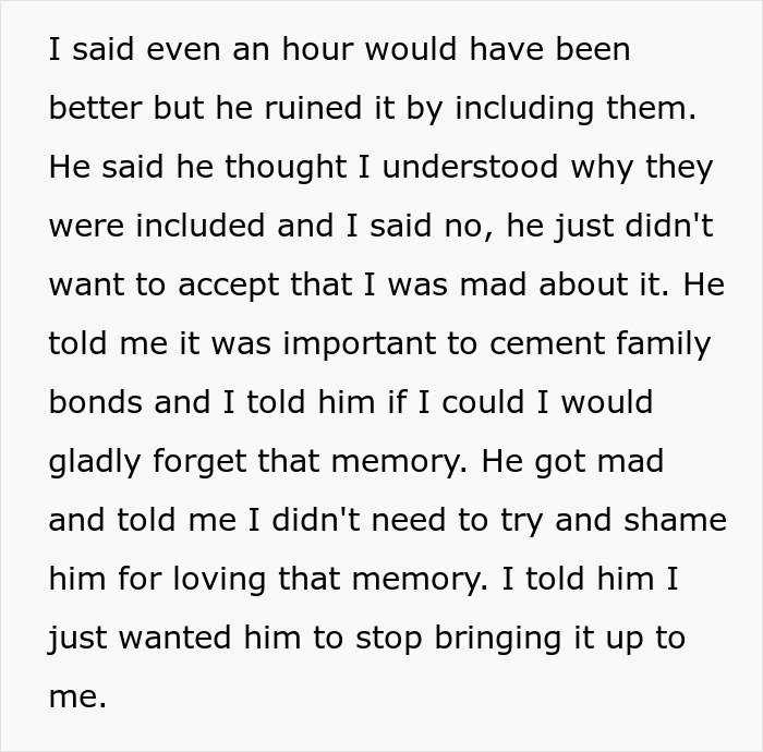 Text showing a daughter explaining to her selfish dad how he ruined her Christmas memory and demands he stop bringing it up.