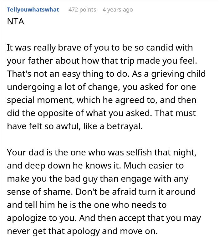 Comment explaining the selfish dad&rsquo;s behavior after ruining a daughter&rsquo;s Christmas memory and demanding an apology.
