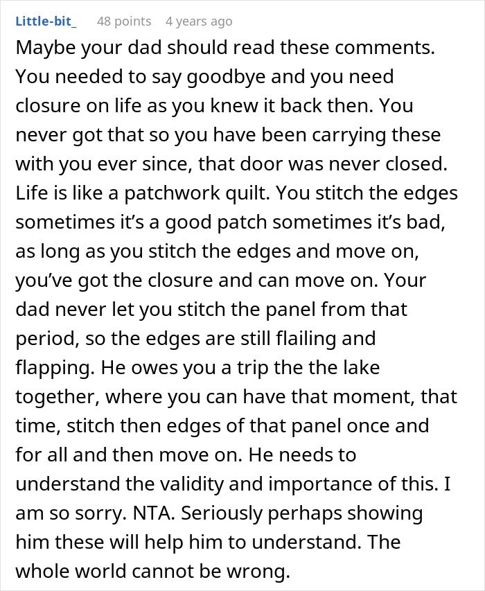 Comment text discussing a selfish dad demanding apology from daughter after ruining her Christmas memory on a social platform.